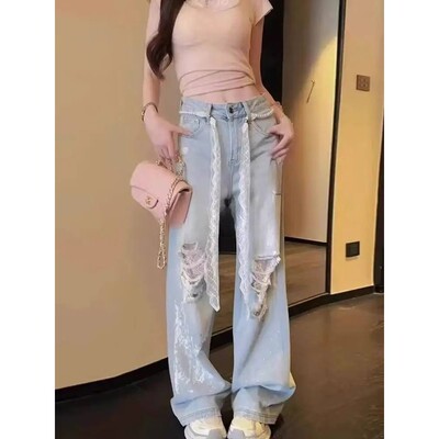 Retro Lace Splice Hole Light Blue Jeans High Waist Straight