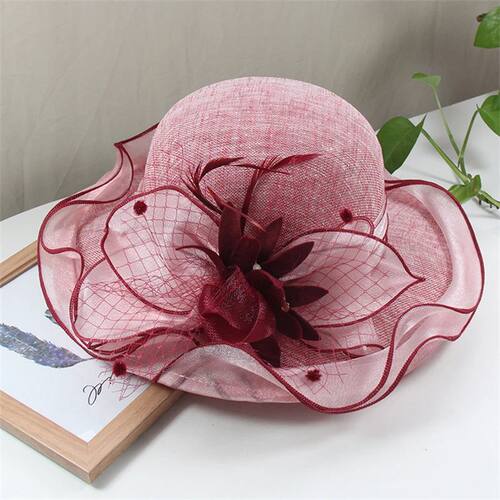 Elegant Big Brim Sinamay Fascinator Sun Hat with Flower, Lac
