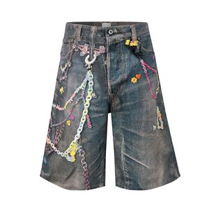 Shorts Chain Streetwear Men for Jeans Baggy Print Candy