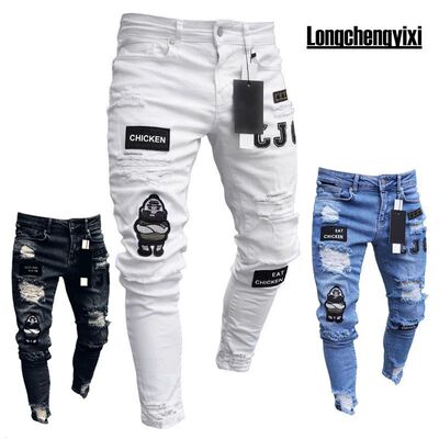 new White Embroidery Jeans Men Cotton Stretchy Ripped Skinny