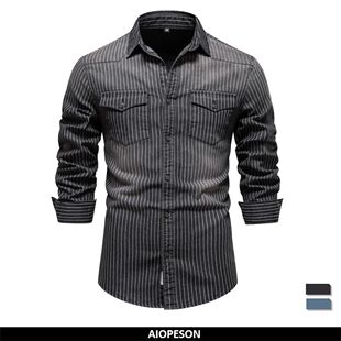 Denim Shirts Striped AIOPESON Long Men Stretch Sleeve Cotton