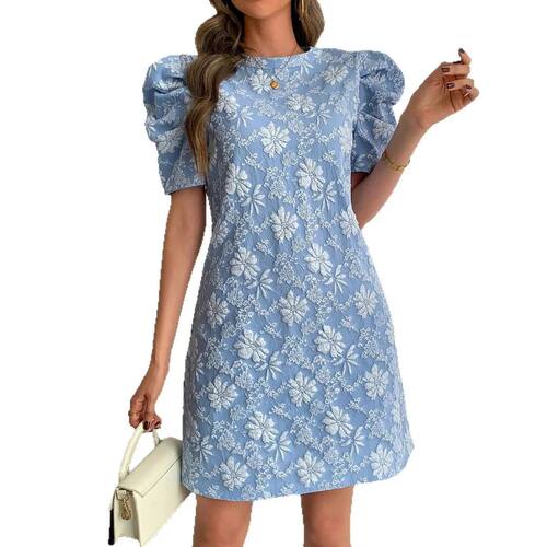 2025 Summer New Women's Bubble Sleeve Textured Jacquard Crew