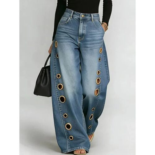 American High Street Straight Leg Jeans Women Metal Ring Hol