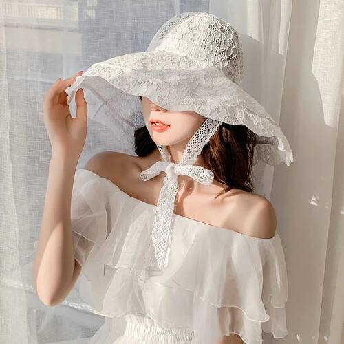New Wide Brim Sun Hat Women Lace Hat Summer White Black Lace