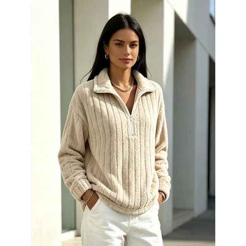 Women's Half Zip Fleece Sweatshirt Ribbed Fluffy Plush Pullo