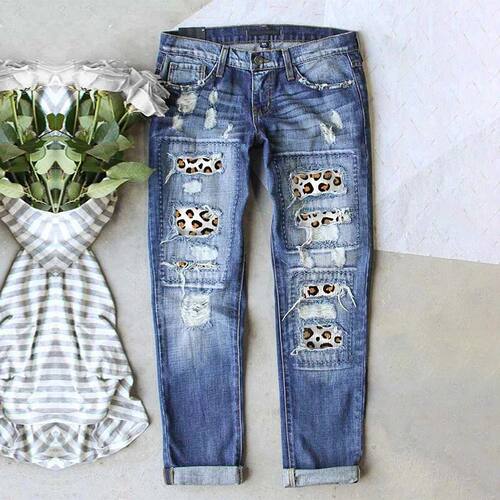 Spring/Summer Denim Pants Sunflower Prints and Distressed De