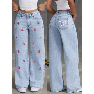 Women Jeans Embroidery High Waist Distressed Washed Pockets