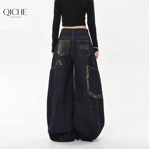 QICHE Women Vintage Wide Leg Jeans Leopard Spliced Curved Pa