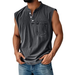 sleeveless vest for Vintage Henley washed men col distressed