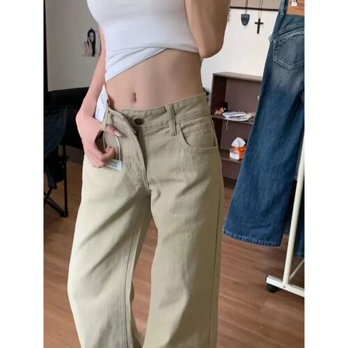 Women Khaki Low Rise Micro Flare Jeans Vintage Korean Style