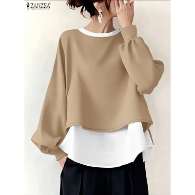 ZANZEA Stylish Autumn Winter Sweatshirts Women Patchwork Pul