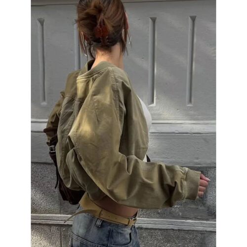Chic Khaki Lapel Collar Zip Closure Jackets Pocket Detail Lo
