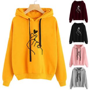 Hoodie Solid Hooded Size Kore Heart Fleece Finger Plus Color