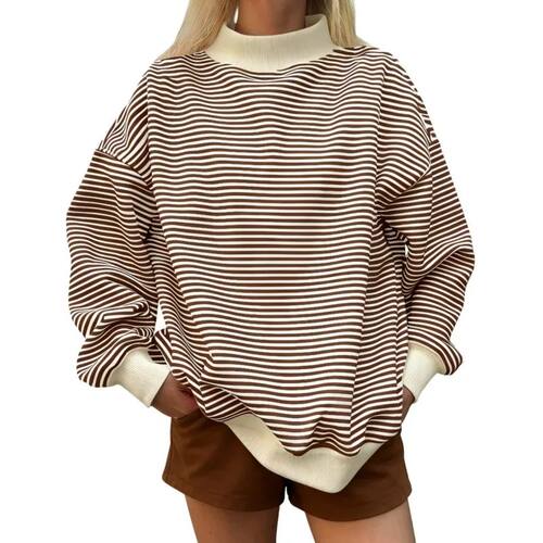Women Striped Mock Neck Sweatshirt Fashion New Ribbed Cuff L