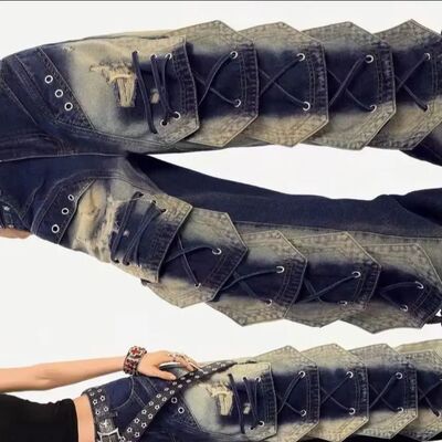 Denim splicing American vibe retro heavy industry jeans plus