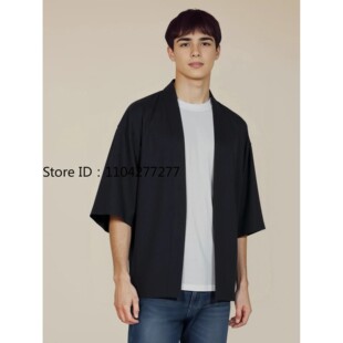 Black Mens Shirt  Kimono Shirt Kimono Cardigans Chinese Styl