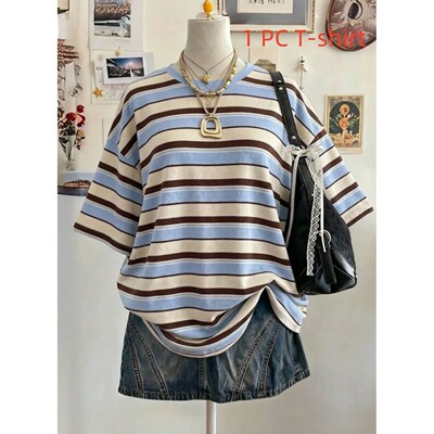 Summer Y2K Striped Print Casual Oversized Round Neck Drop Sh