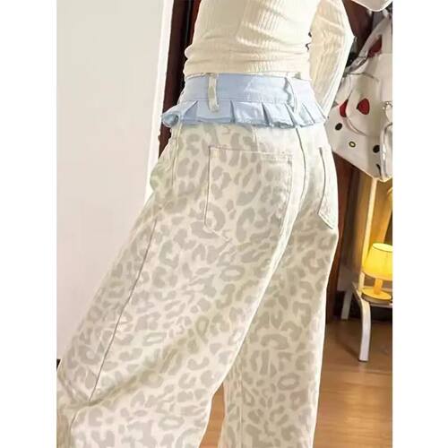 Retro American Splicing Leopard Print Wide Leg Denim Jeans W