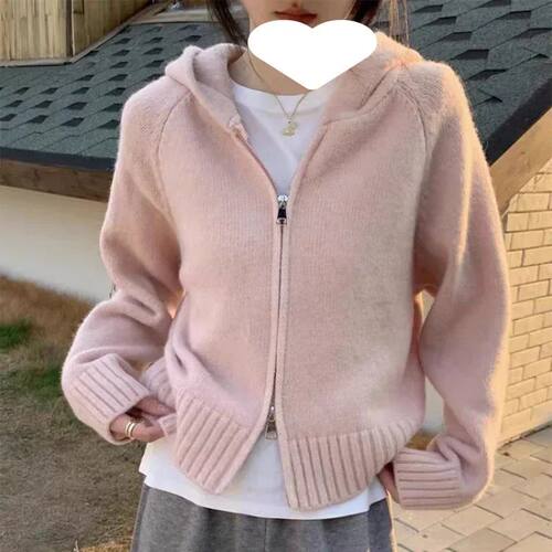 Plus Size Korean Style Hooded Knitted Double Zipper Women's