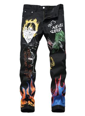 Sokotoo Men's fashion letters flame black printed jeans Slim