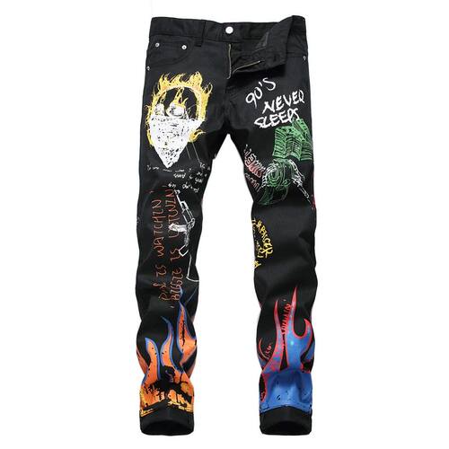 Sokotoo Men's fashion letters flame black printed jeans Slim