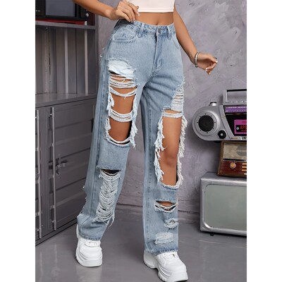 Y2K American Retro Jeans 2026 Light Washed Ripped Denim Pant