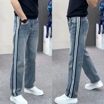 2025 Autumn Black White Striped Spliced Jeans Men's Trend Yo