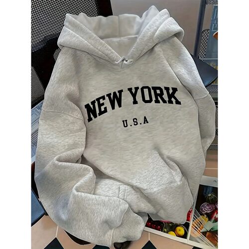 Relaxed Fit Women's Hoodie NEW YORK U.S.A. Lettering Pullove