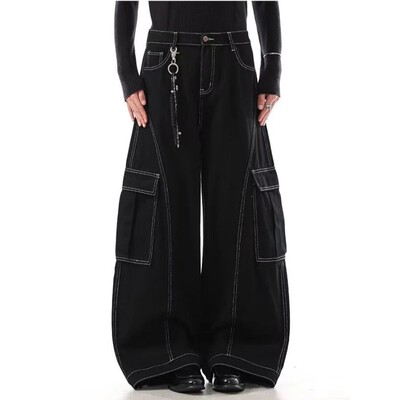 2026 Cyber Y2K Streetwear Black Baggy Women's Cargo Jeans Pa