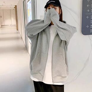 Zipper Black Hooded Size Kore Color Loose Solid Plus Hoodies