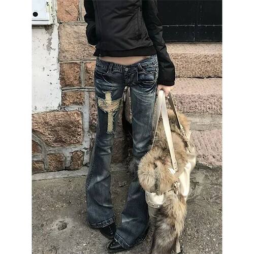 Women Vintage Blue Low Rise Flared Jeans Denim Pants America