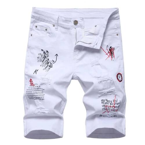 Men Summer White Ripped Denim Shorts Male Holes Short Jeans