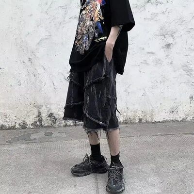 American raw edge denim men shorts summer oversize casual lo