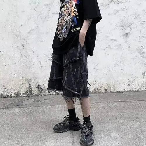 American raw edge denim men shorts summer oversize casual lo