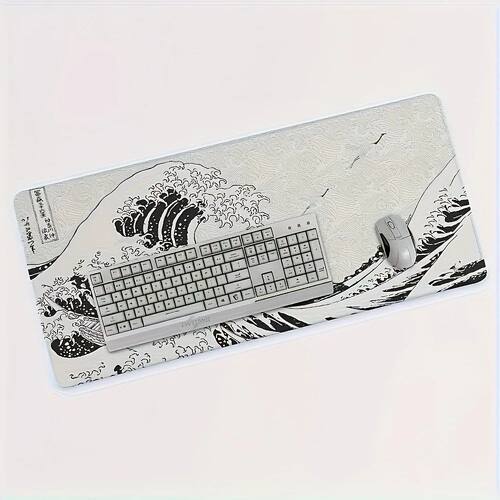 Black White Wave Art XXL Desk Mat | Soft Aesthetic Rubber Ba