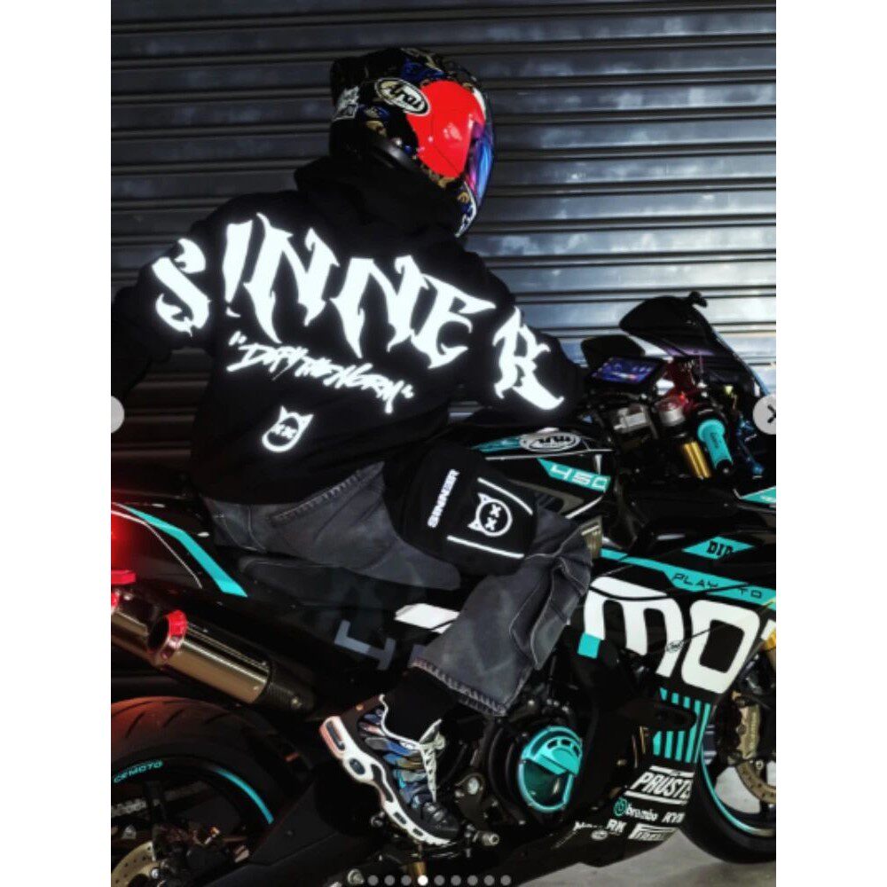 Mens Gothic Sinner Letter Print Reflective Hoodie Streetwear