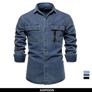 Cotton Denim Cowboy Mens Thick 100% Autumn AIOPESON Shirts