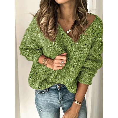 Women Autumn Winter V Neck Knitted Sweater Casual Loose Long