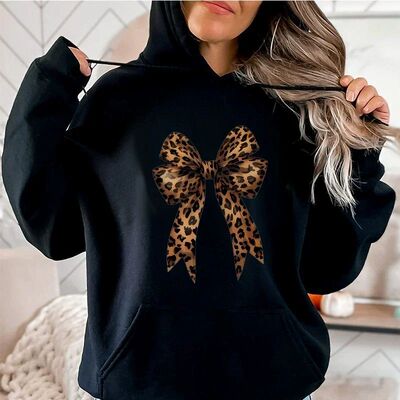 Plus Size Bow Heart Love Leopard Print Hoodies Long Sleeve F