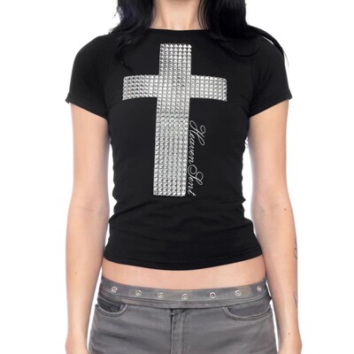 2026 Women's Y2K Retro Hot Girl T-shirt Cross Rhinestone Emb