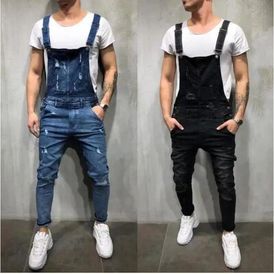 Men Jeans Overalls High Street Ripped Denim Jumpsuits Hip Ho