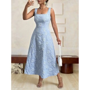 Neck Sleeveless Embroidered Light Square Floral Line Blue