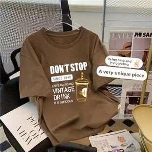 New ort irt Cotton Brown Sve Summer American Women Retro