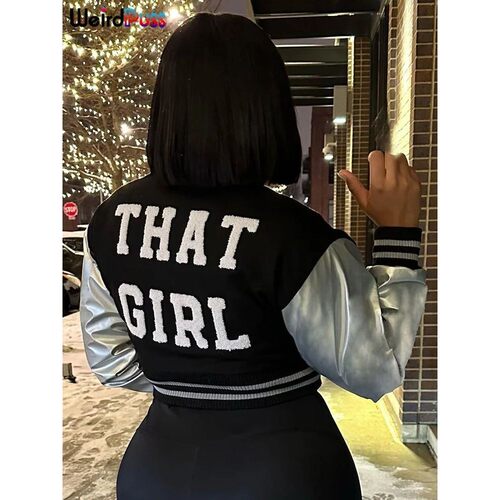 Weird Puss Fluffy Letter Short Jacket Varsity Women Hipster