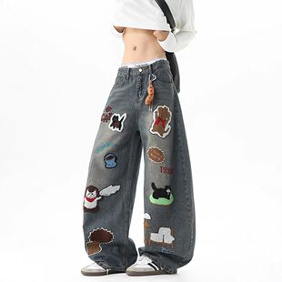 Towel Embroidery Jeans Retro Wide Cartoon Loose Leg American