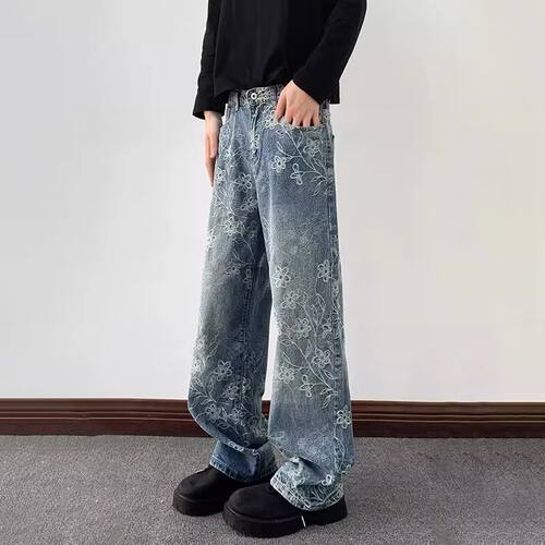 High Street Floral Jacquard Embroidered Baggy Jeans For Man