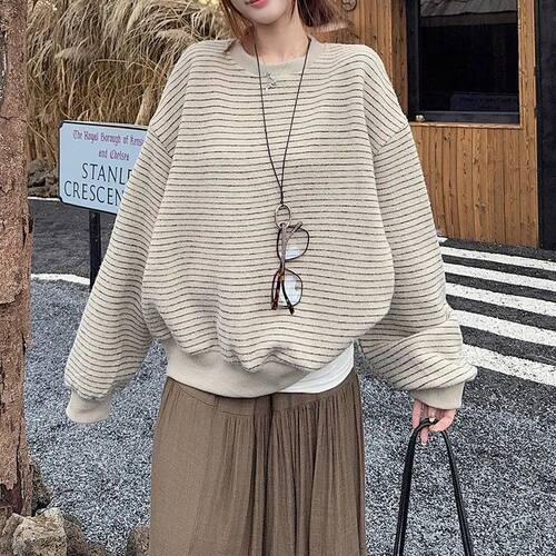 Women Crew Neck Sweatshirt Retro Stripe Oversize Loose Casua