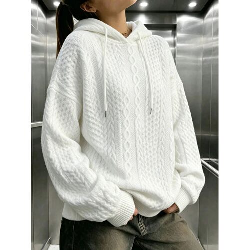 Women's Cable Knit Textured Drawstring Hoodie Sweatshirt New