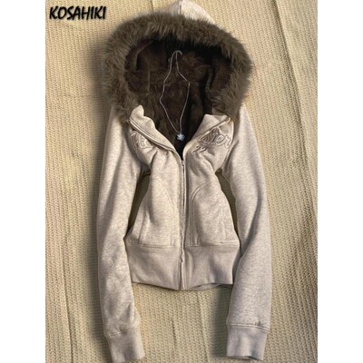 Y2k Aesthetic Vintage Fur Patchwork Hoodies Autumn Grunge Le