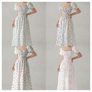 Neck Puff with Floral Pockets Dress Square Maxi Sweet Sleeve